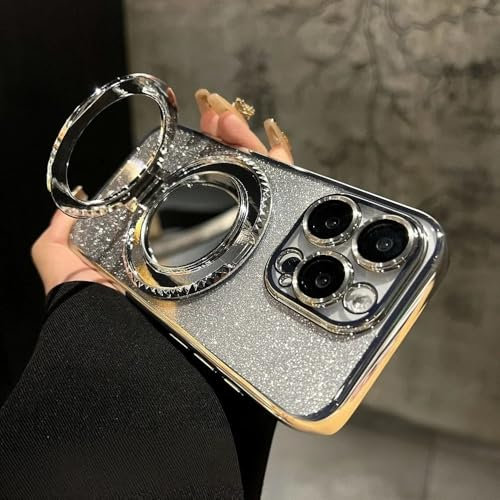JZFDCLF Glitzernde Farbverlauf-Spiegelhalterung für iPhone 15 14 13 16 Pro Max 12 11 X Xr Xs 8 7 Plus Ringhalter-Beschichtungsabdeckung, Silber, Für iPhone 16