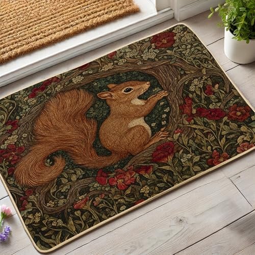 Fall Squirrel Doormat, Autumn Woodland Animal Door Mat for Outdoor & Indoor Entryway Vintage Decor, Rubber Waterproof Non-Slip Dust Absorbent Front Mat, Easy Clean 29x17 Inch