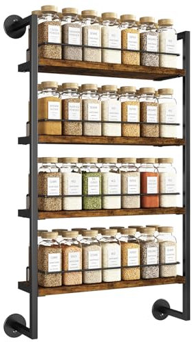 IBUYKE Portaspezie da Parete,Portaspezie da Appendere a 4 Ripiani,Portaspezie Cucina di Spezie Fino a 50 barattoli,legno organizer spezie per gabinetto della cucina, bagno, dispensa, marrone TLJ016H