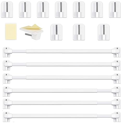 Honeyes Barre per vetri estensibili, senza perchetti, regolabili, asta per tende in PVC per tende in rete e ganci per tenda adesiva, bianco (6 pezzi 30-50 cm)