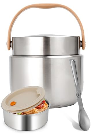 Ezvsevuo Termo Comida Caliente 1200ml, Termo para Comida Acero Inoxidable, Fiambrera Térmica con Cuchara Plegable, Termo de Comida para Adultos y Niños (Plata)