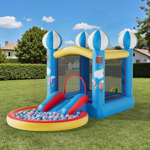 Warmiehomy Blue Bouncy Castle Indoor with Slide Ball Pit for Kids Age 3 4 5 6 7 8 Inflatable Bounce Play House with Blower Storage Bage Ocean Ball for Garden Park Backyard Birthday Party Children Gift