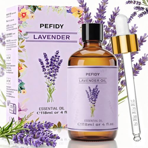 PEFIDY Olio Essenziale di Lavanda 118ML, Olio di Lavanda 100% Naturale per Diffusore, Aromaterapia, Umidificatore, Spa, Massaggi & Profumo Ambiente, Grande Formato Premium per Casa & Benessere