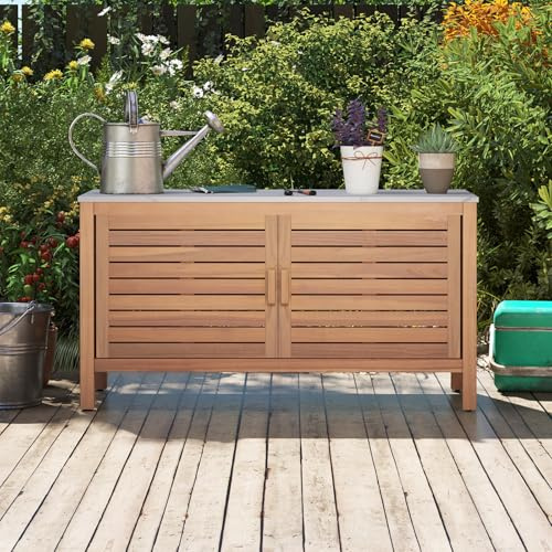 GOPLUS Armoire de Jardin Exterieur en Bois d'Acacia avec Plateau Faux Marbre, Coffre de Jardin Exterieur Plan de Jardinage Travail Abri d'Outils pour Balcon, 109 X 40 X 60 CM