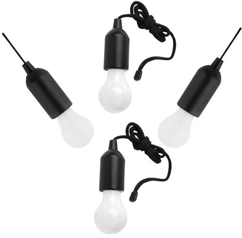 SOPOTUTU 4 Stück Tragbare LED Zugkordel Lichter für Nachtlicht Kunststoff Schwarz mit Langem Kabel und Zugschalter für Dachboden und Bbq