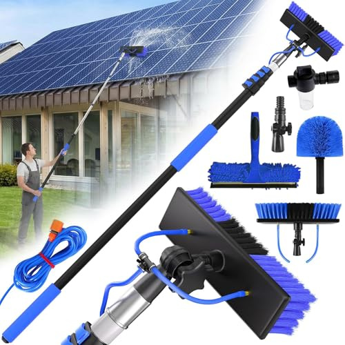 Solar Panel Cleaning Kit, Water‑Fed Pole Set with 24Ft Extension Pole | 2‑in‑1 Window Squeegee & Cobweb Duster, Cleaning Brush Tool for Solar Panels and High Windows