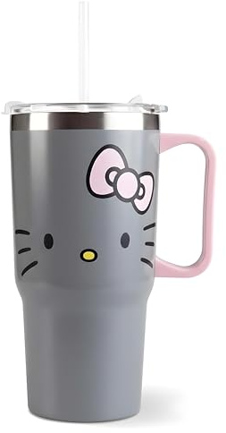 p:os Vaso con tapa y pajita infantil Hello Kitty, 540 ml, con asa, gris | Vaso infantil de plástico con pajita integrada y asa lateral, 540 ml, para bebidas frías en colegio y excursiones
