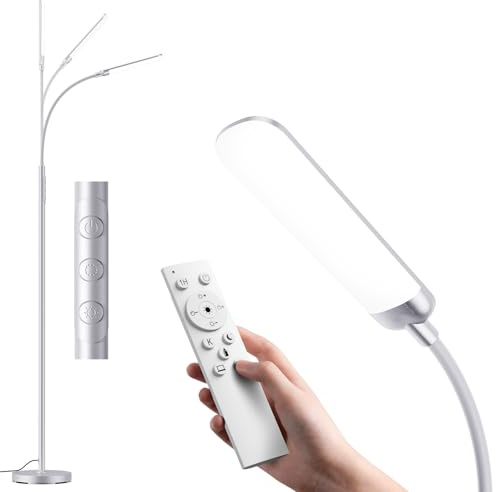 YICAIZI Stehlampe Wohnzimmer - 18W LED Dimmbar Stehende Lampe mit Fernbedienung, 1200Lumen Stehend Leselampe mit 4 Farbtemperaturen & 4 Helligkeiten für Schlafzimmer, Büro, Silber