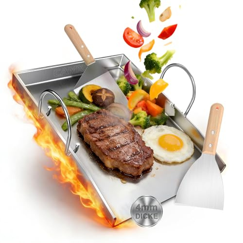 Camxon Universelle Edelstahl Plancha Grillplatte 40.5×31CM mit 4MM verdickt | mit Fettablauf, Spülmaschinenfest inkl. für BBQ Gasgrill & Kohlegrill Geeignet
