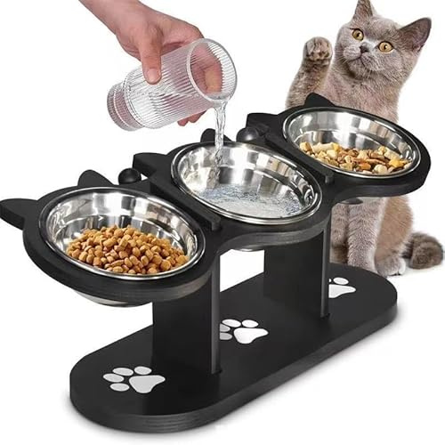 Gamelle surélevée pour chat - 3 bols en acier inoxydable avec support en bois - Gamelle inclinée à 15° - Hauteur réglable - Pour chats, chiots et petits chiens - Noir