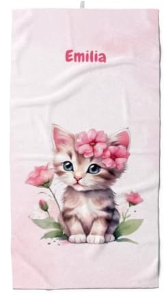 fotobar Kinder-Strandtuch mit Namen – Katze rosa, 90 x 185 cm | Geschenk zum Seepferdchen-Abzeichen, Geburtstag oder Weihnachten – Frottee mit Baumwolle, in Deutschland bedruckt