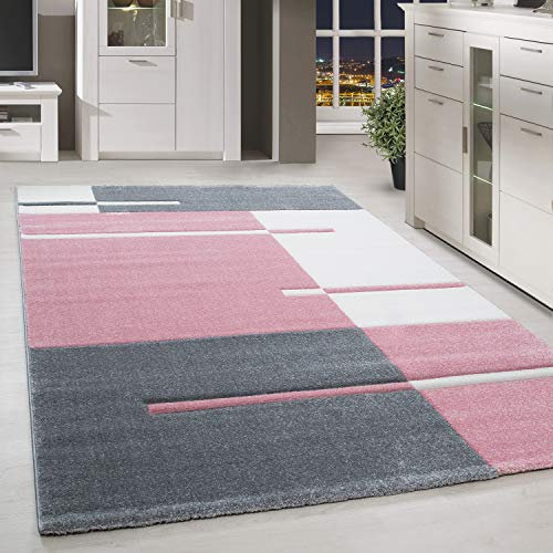 HomebyHome Tapis Salon Moderne Rose 160x230 cm - Poil Court Salle de Séjour Carreaux Concevoir Doux et Moelleux - Chambre Cuisine Enfant Moquette Rectangulaire à Poils Ras