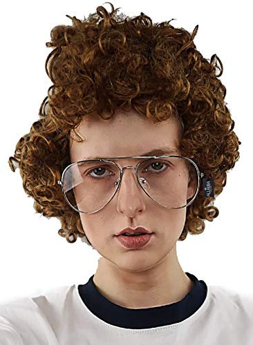 ALLAURA Pedro braune Afro-Nerd-Perücke + Brille, Kostüm-Set, Geek-Kostüm-Perücken für Herren, Erwachsene, Halloween-Party, 80er-Jahre, Dynamit-Perücke