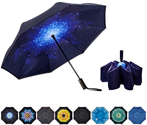 NOORNY Umgekehrter Regenschirm, doppellagig, automatisch, faltbar, Reserveschirm, winddicht, UV-Schutz für Regen, Auto, Reisen, Outdoor, Herren, Damen, Sternenhimmel