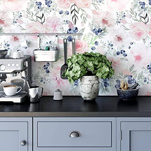 K&L Wall Art Floral Pastell Blumen Tapete Vintage Blumentapete Schlafzimmer Vliestapete Frühling blaue Beeren Rosen Tapeten 048 m x 1008 m