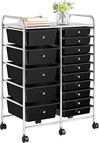 Yaheetech Storage Trolley Cart On Lockable Wheels | Black 15 Drawers Storage Unit For Salon, Beauty, Make Up, Home, Office Organiser (15 Drawers, Black)