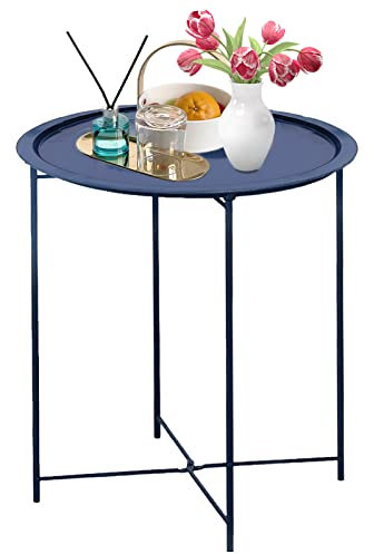 Garden 4 you Beistelltisch Outdoor Beistelltisch, Kleiner Terrassentisch Metall Beistelltisch, Runder Klappbarer Beistelltisch, für Outdoor und Wohnzimmer, Dunkelblau