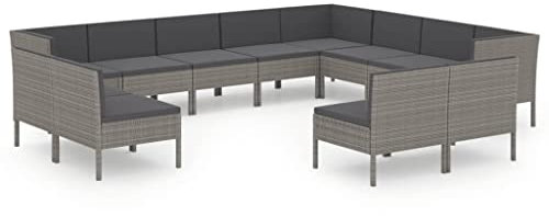 vidaXL Gartenmöbel 12-TLG. mit Auflagen Sitzgruppe Sofa Lounge Garten Garnitur Gartenset Gartensofa Mittelsofa Ecksofa Poly Rattan Grau