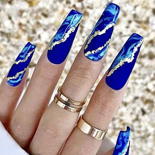 RUNRAYAY Brillant Bleu Presse sur les Ongles, Faux Ongles Extra Longs avec Feuille d'Or Design Carré Acrylique Pleine Couverture Clous de Cercueil 24 Pcs