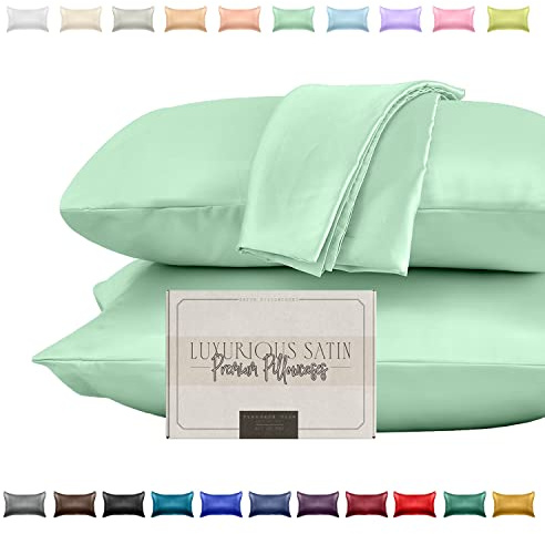 Elegant Comfort Silky and Luxurious 2-Piece Satin Pillowcase Set for Healthier Skin and Hair, Hidden Zipper Closure and Beautifully Packaged, Satin Pillowcase Set, Standard/Queen, Mint Green