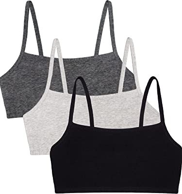 Fruit of the Loom Women's Spaghetti Strap Cotton Sports Bra-All-Day Comfort, Opaque, Black/Heather Grey/Charcoal, 36 (Pack of 3)