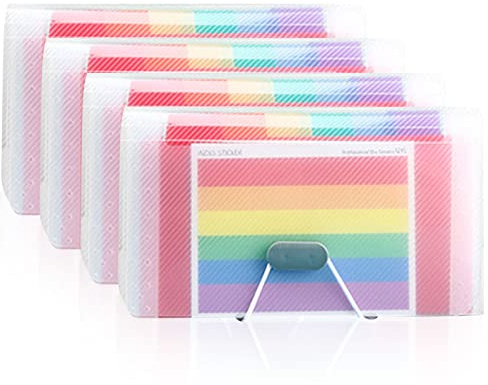 4 Pack A6 Expanding File Folder, 13 Pockets Portable Accordion Document Organiser, Rainbow Expandable Receipt Wallet & Plastic Bill Storage for Office, Home, School