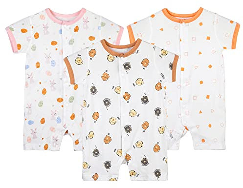 COOKY.D Baby Summer Outfits 3 Packs Short Sleeve Cotton Romper Jumpsuit Infant Girl Sleepsuit,6-9 Months,Orange Bear Rabbit