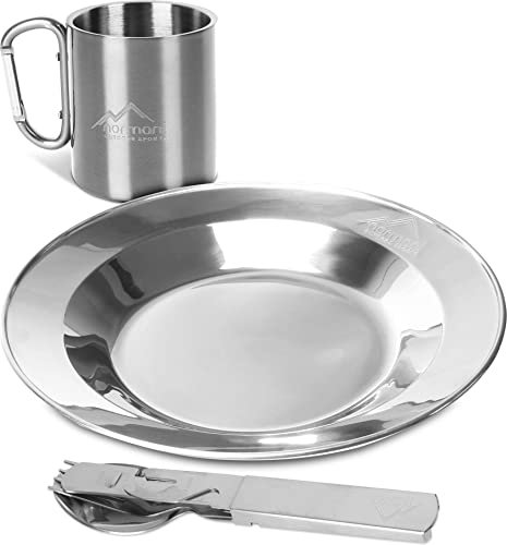 normani Outdoor Camping Geschirrset bestehend aus Besteck + Teller + Tasse mit Karabinerhacken + Dosen- und Flaschenöffner - 100% rostfreier Edelstahl Farbe Silver