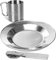 normani Outdoor Camping Geschirrset bestehend aus Besteck + Teller + Tasse mit Karabinerhacken + Dosen- und Flaschenöffner - 100% rostfreier Edelstahl Farbe Silver