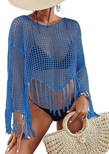 Bsubseach Beach Cover Up for Swimwear Women Long Sleeve Crochet Top Hollow Out Swimsuit Coverup Blue