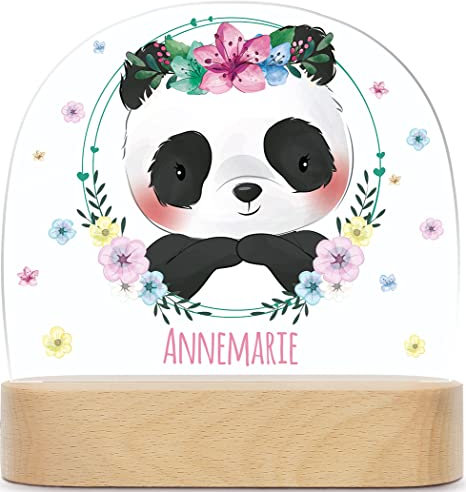 GRAVURZEILE Personalisiertes LED Nachtlicht für Kinder - Blumenkranz - Personalisiert mit Namen - Nachttischlampe für das Kinderzimmer - Geschenk für Kinder & Babys - Baby Geschenk - Panda Blume