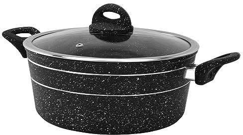 Royalford Casserole Dish with Tempered Glass Lid | Cooking Pot, Induction Stockpot Saucepan with Non-Stick Granite Coating | Forged Aluminium Cookware, Suitable for Multiple Hobs | Black (28 CM)