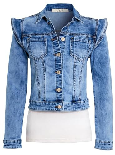 SS7 Womens Denim Jacket Stretch Cap Puff Ruffle Sleeve