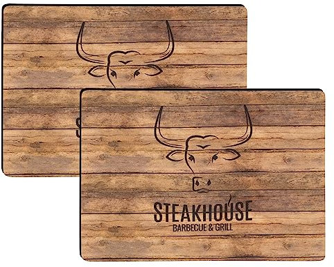 BBQ Tischsets mit Teflon-Fleckschutzausrüstung 2er-Set Steakhouse Holz 30 x 43 cm Anti-Rutsch Rückseite