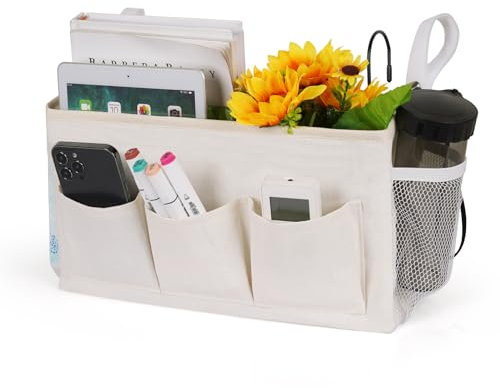 Ozzptuu Bedside Storage Caddy/Bedside Hanging Storage Bag for Headboards Bunk Beds Dorm Rooms Book Phone Magazine Holder (New White)