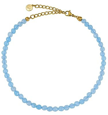 GD GOOD.designs EST. 2015 Bracelet cheville pour femme avec aigue-marine 4mm - Résistant à l'eau - Bracelet cheville en pierre naturelle bleue avec fermoir ajustable en or 18 carats