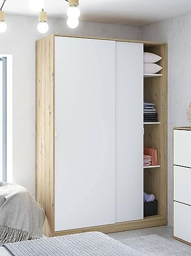 Dmora - Guardaroba 2 ante Waterbury, Armadio per camera da letto, Mobile con 4 ripiani e barra appendiabiti, 120x50h200 cm, Bianco e Rovere Nodi
