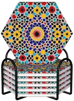 EVANEM Lot de 6 dessous de verre en céramique avec support en métal de couleur marocaine, dessous de verre en liège pour décoration de mariage et d'intérieur