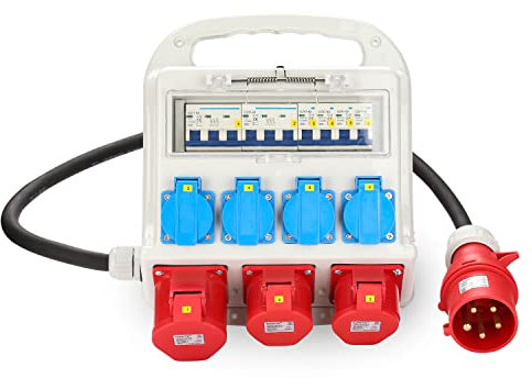Tubiaz Baustromverteiler 4x230V+2x16A 400V CEE+1x32A 400V CEE 5 polig, Wandverteiler mit Leitungsschutzschalter, Stromverteiler IP44 Mit Sicherheitsklappdeckeln und Leitung
