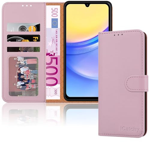 iCatchy for Samsung A15 Case – Leather Wallet Cover, Book Flip Folio with Kickstand, Magnetic Closure, RFID Blocking, Shockproof Protection for Galaxy A15 5G / A15 (Rose Gold)