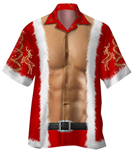 GREGG Funky Santa Hawaiian Shirt - Print Button Down Short Sleeve Shirts - Summer Beach Casual Shirt (Xmas H, Large)