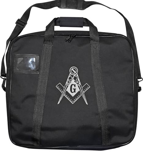 UK EMPIRE GROUP Freimaurerschürze, Größe MM/WM, mit silbernem Quadrat und Kompass (bedruckt), weiche Display-Tasche, Schwarz, 18'' x 16'' x 3''