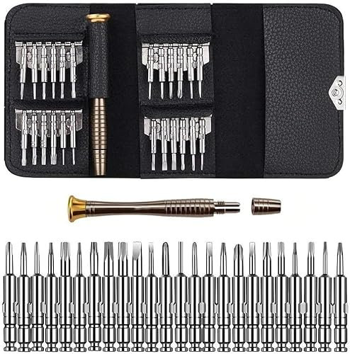 FIXTOOLS Precision Screwdriver Set 25 in 1 Mobile Phone Repair Kit, Mini Screwdriver Glasses Repair Set Kit, with Leather Case PC Laptop, Watch, Computers, Electronic Workshops, Silver