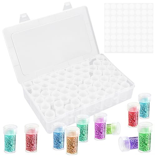 RISVOWO Diamond Painting Aufbewahrungsbox, 1 Satz 60 Gläser Diamond Painting Zubehör Boxen, Behälter Diamant Malerei Zubehör DIY Basteln Schmuck Strass Perlen mit Stickers und Aufbewahrung