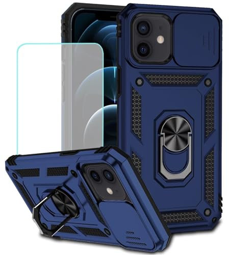 Jhxtech for iPhone 12 Mini/iPhone 13 Mini Case 5.4 Case with Tempered Glass Screen Protector and Slide Camera Cover, Magnetic Ring Car Mount Holder Kickstand Cases Cover for Apple iPhone 12 Mini Blue