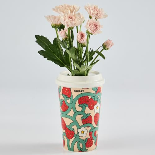 COEAZY Flower Vase Hand Drawn Illustration Ceramic Vase Unique Aesthetic Strawberry Vase Home Decor