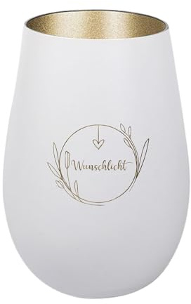 Der-Porzellan-Laden Windlicht mit Gravur Wunschlicht, Weiß Gold, Teelichthalter aus Glas mit Spruch, Tischdeko modern