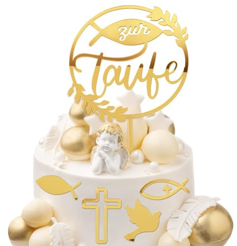 BETESSIN 5pcs Taufe Cake Topper Zur Taufe Tortendeo Acryl Gold Kuchen Topper Kreuz Fisch Taube Kommunion Cupcake Topper Mädchen Junge Tortenstecker Babyshower Kuchen Dekoration