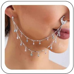 TseenYi Punk Nasenring Kette Reifen Böses Auge Nasenringe Mit Kette Zu Ohrringen Quaste Nasenringe Mit Ohrringen Non-piercing Gefälschte Septum Nasenringe Nasenloch Körper Zubehör Für Frauen(Silber)