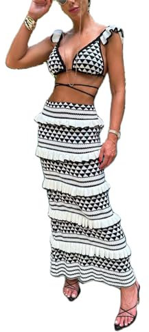 Häkelstrick-Rock-Set für Damen, Sommer, bauchfreies Top, figurbetont, hohe Taille, Maxi-Rock, Strandkleid, 2-teiliges Set, Sesam-Unterteil, Strickrücken, Weiß, Klein